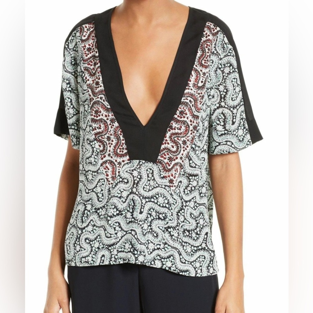 A.L.C. Lilias Plunging Silk Top Blouse Mint Blue Black Floral Print Size 8